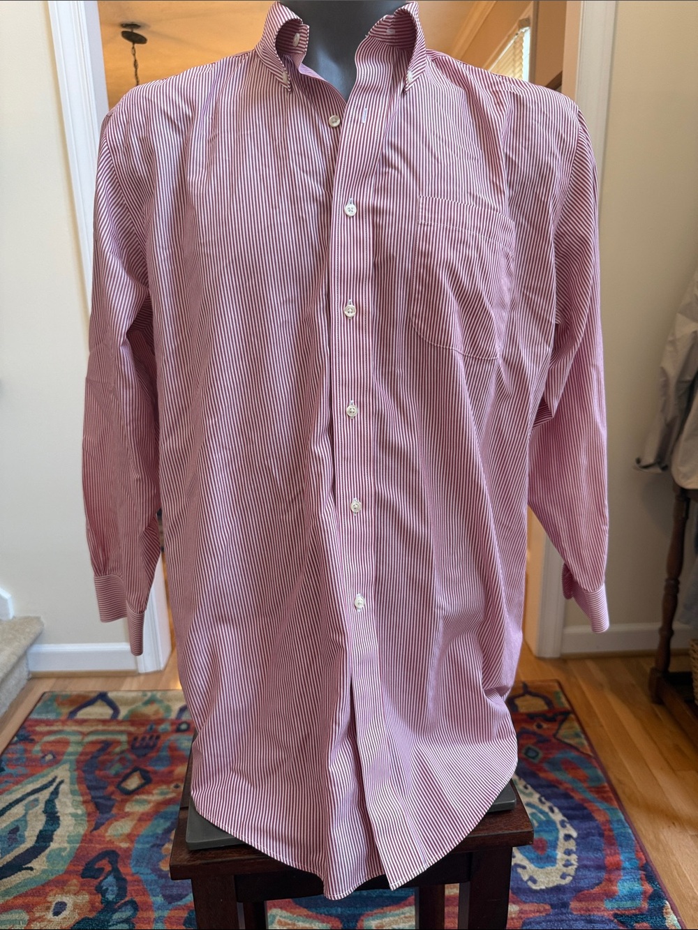 Brooks Brothers Red-White Mini Stripe Dress Shirt 16.5-16.666 Regular Fit Cotton